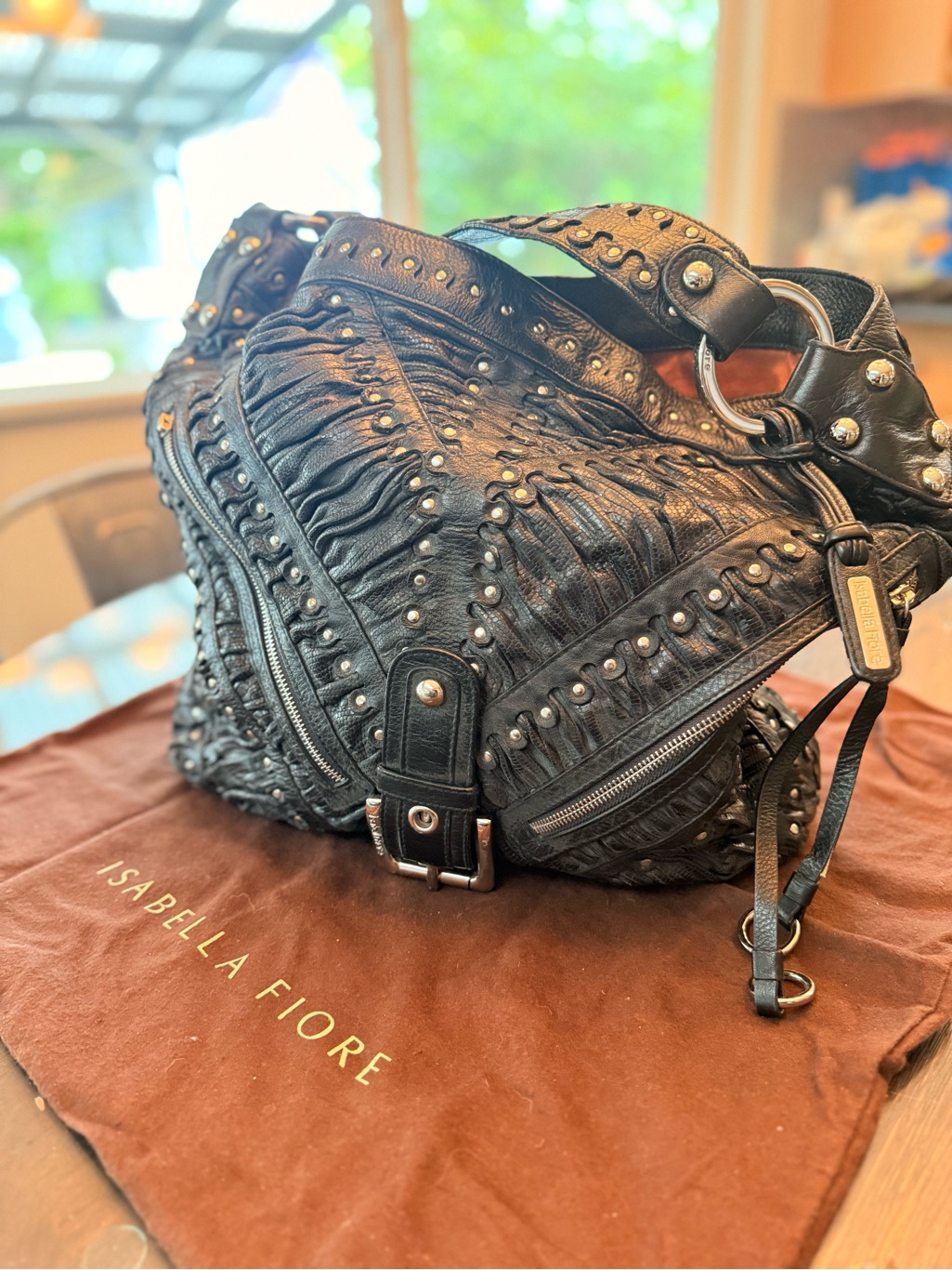 Isabella Fiore Black Ruched Studded Shoulder Bag